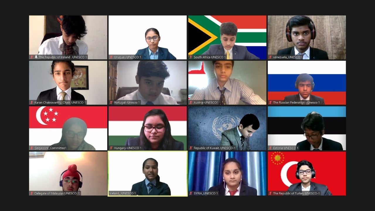 Model UN screenshot from lasy year's LearningPlanet Festival with Karan from the Youth Council as one of the Chairs.